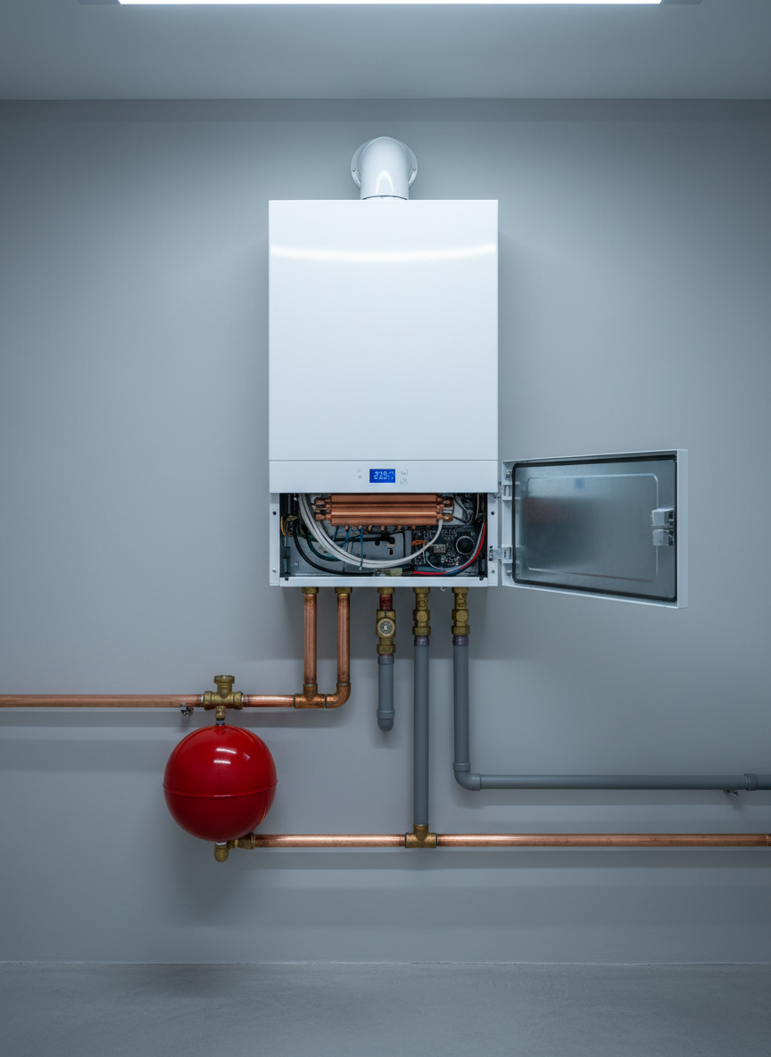 A modern wall-mounted gas boiler with a clean white metal casing and subtle digital display, installed in a spotless technical room. Neatly arranged copper and plastic pipes run vertically and horizontally with precise right-angle bends, leading to a compact expansion vessel and safety valve. The boiler front panel is slightly open, revealing an orderly interior of heat exchanger and wiring. Neutral gray walls and a smooth concrete floor emphasize professionalism and cleanliness. Bright, even LED ceiling lighting creates soft reflections on metal surfaces without harsh shadows. Photographic realism, eye-level composition with sharp focus throughout, conveying reliability, precision, and professional service, suitable as a universal hero image for a gas boiler service company website.