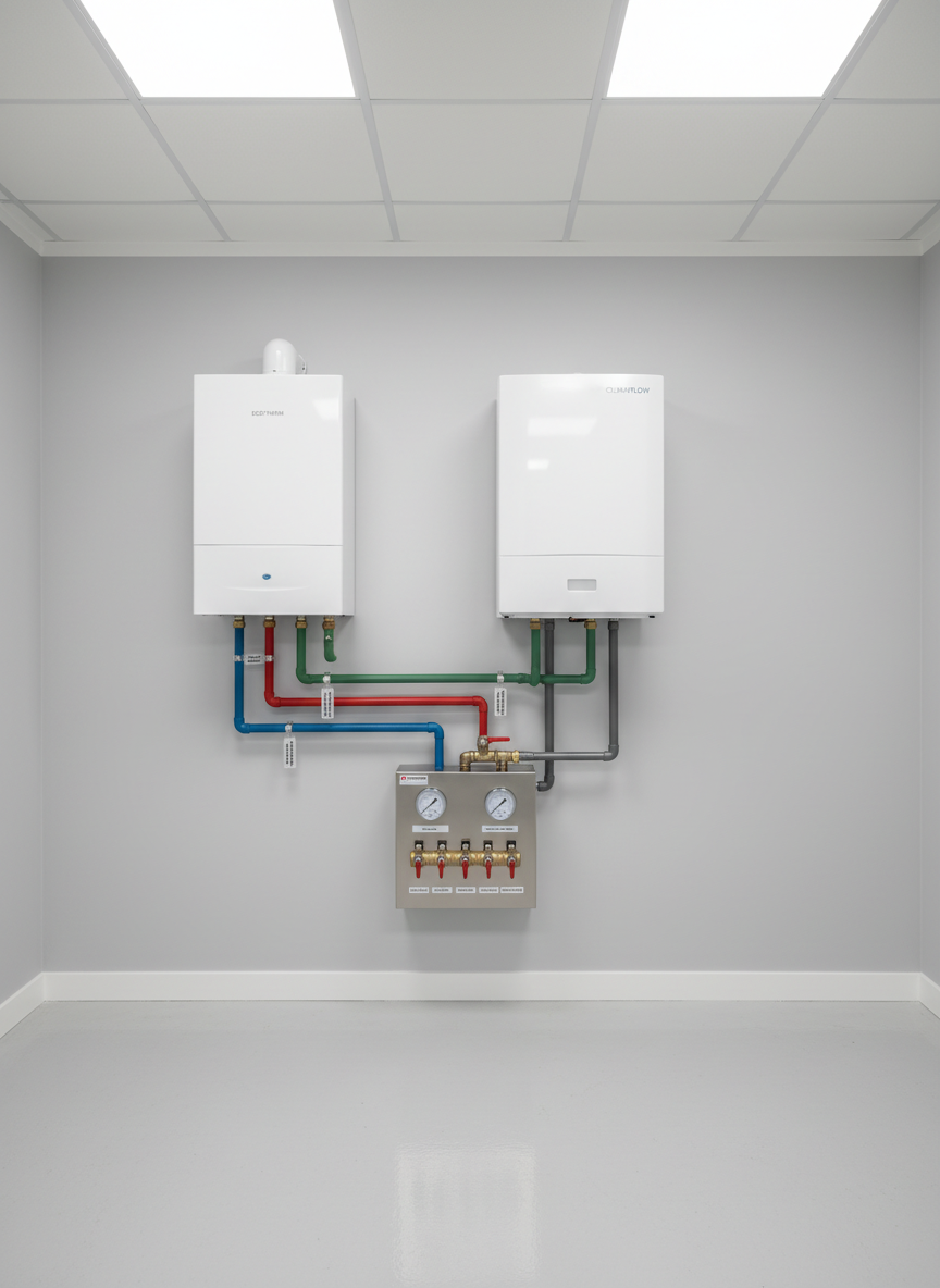 A spotless utility room featuring a wall-mounted gas boiler and a modern air-to-water heat pump indoor unit side by side, both in white housings with understated logos. Color-coded pipes, insulated lines, and a compact manifold are organized along the wall, labeled with small, clear tags. Below, a clean, labeled control panel with pressure gauges and shut-off valves emphasizes order. The walls are painted light gray and the floor is light epoxy-coated concrete. Soft, evenly distributed LED ceiling lighting produces minimal shadows and a neutral, professional atmosphere. Photographic realism, wide-angle shot at eye level with sharp focus, conveying comprehensive service: gas boilers, water heaters, and heat pump systems in a tidy, well-maintained installation space.