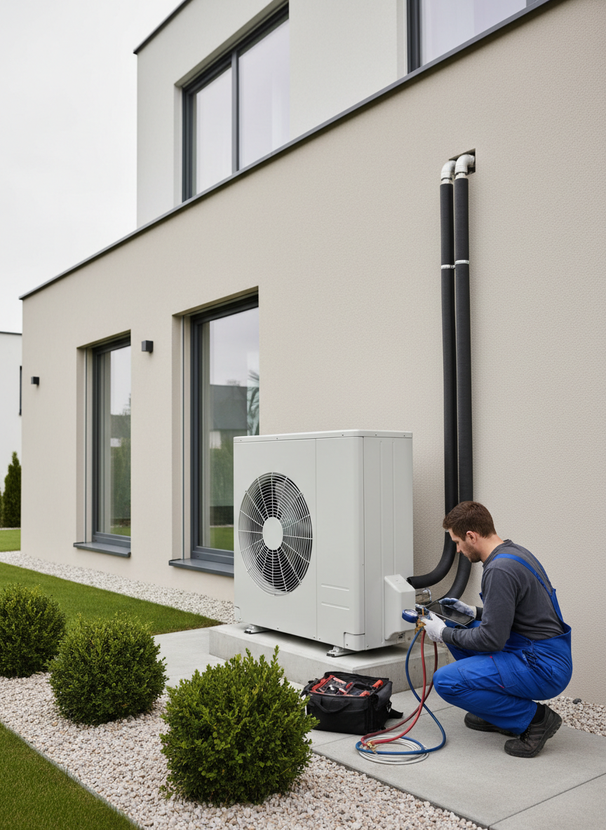 An exterior heat pump unit installed beside a modern house facade, photographed in realistic detail to illustrate service of heat pump systems. The rectangular outdoor unit in light gray with a large, visible fan grille sits on a concrete pad, connected to insulated refrigerant lines running neatly into the wall. The house wall is clad in smooth, light-colored plaster with a narrow gravel strip and a few low evergreen shrubs nearby. Soft overcast daylight creates diffused, shadow-free illumination, emphasizing the clean lines and technical character of the installation. Captured at a three-quarter angle with moderate depth of field, the composition is balanced and calm, conveying energy efficiency, modern heating technology, and professional installation and maintenance.