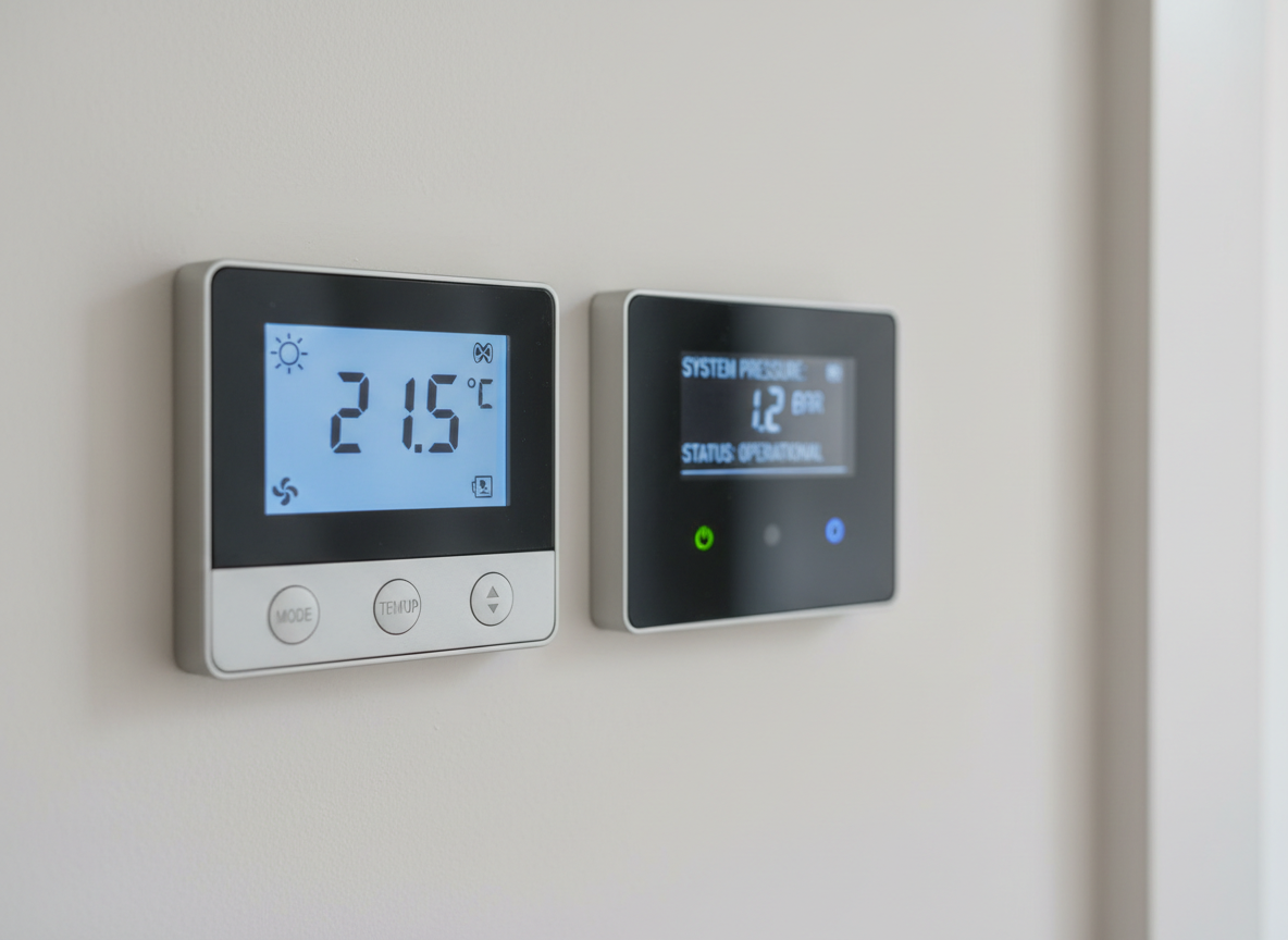 A close-up, photographic realism shot of a modern room thermostat and boiler control panel mounted on a smooth white wall, representing monitoring and regular inspections. The thermostat features a clear backlit LCD screen showing temperature and heating mode icons, with minimalistic buttons below. Next to it, the boiler’s digital interface displays system pressure, operating status, and subtle indicator lights in soft green and blue tones. Neutral, diffused lighting from an unseen window creates gentle shadows and a calm, controlled atmosphere. Captured at a slight angle with shallow depth of field so the controls are in crisp focus while the background softly blurs, symbolizing precise regulation, annual inspections, and professional, reliable service of heating systems.