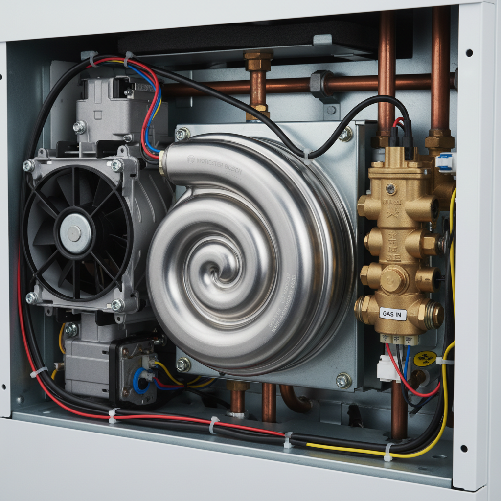 A detailed close-up of an open condensing gas boiler interior showing the stainless steel heat exchanger, fan, gas valve, and neatly routed wiring. The camera focuses on the central components, with crisp details of screws, labels, and brushed metal textures, while the background fades into a soft bokeh of pipes and the white boiler casing. Cool, neutral studio-style lighting from the side creates gentle highlights on metallic edges and subtle shadows that emphasize depth. Photographic realism, shot from a slightly angled perspective to reveal the three-dimensional structure. The mood is technical and precise, emphasizing expert maintenance, diagnostics, and repair of modern gas appliances without any human presence.