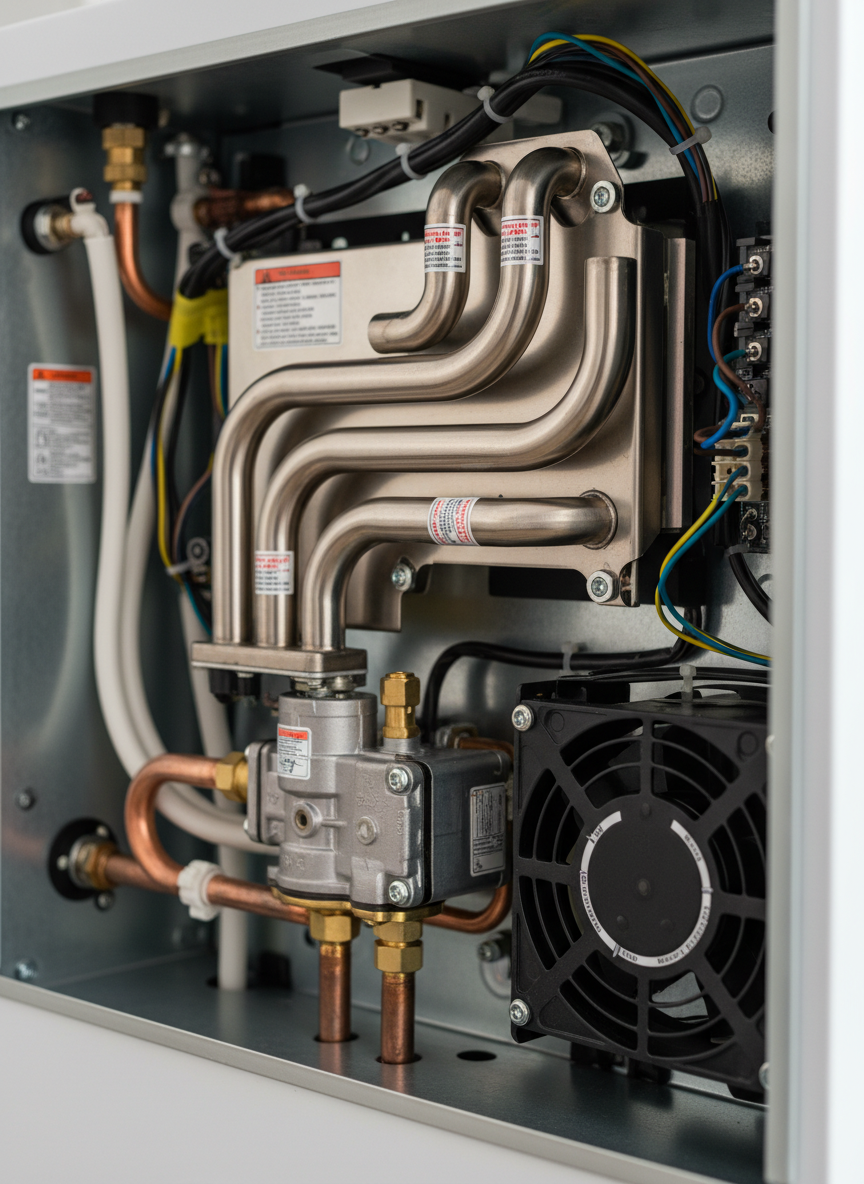 A detailed close-up of an open condensing gas boiler interior showing the stainless steel heat exchanger, fan, gas valve, and neatly routed wiring. The camera focuses on the central components, with crisp details of screws, labels, and brushed metal textures, while the background fades into a soft bokeh of pipes and the white boiler casing. Cool, neutral studio-style lighting from the side creates gentle highlights on metallic edges and subtle shadows that emphasize depth. Photographic realism, shot from a slightly angled perspective to reveal the three-dimensional structure. The mood is technical and precise, emphasizing expert maintenance, diagnostics, and repair of modern gas appliances without any human presence.