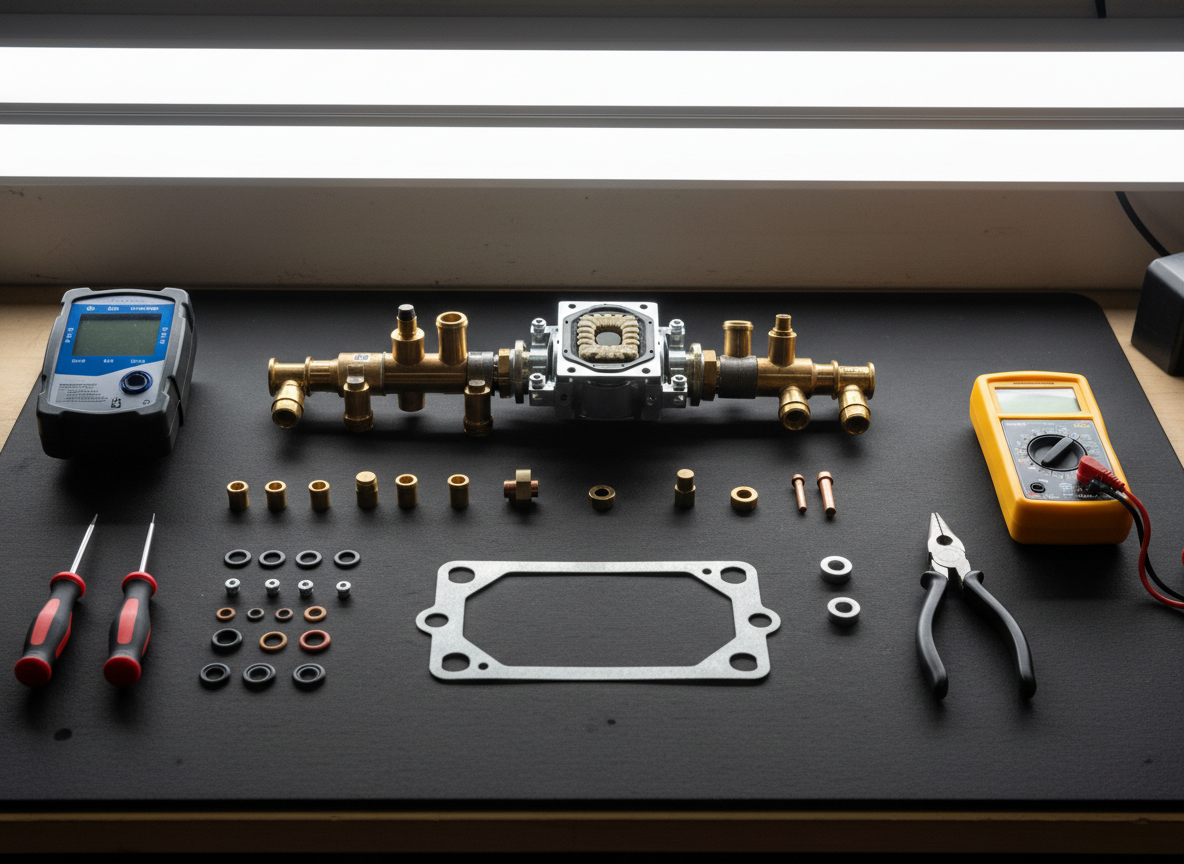 A high-resolution, photographic realism image of a disassembled gas boiler burner assembly and key service tools laid out on a dark, rubber-coated workbench. The burner, ignition electrodes, gasket, and small spare parts are carefully arranged, each component clean and slightly reflective. Nearby lie a digital manometer, screwdriver set, and a compact multimeter, all positioned in an orderly fashion. Overhead workshop LED lighting casts clear, neutral light, creating defined yet soft-edged shadows that highlight the texture of metal, plastic, and rubber surfaces. Shot from a slightly elevated angle with sharp focus, the scene feels meticulous and professional, emphasizing expert diagnostics, repair, and post-warranty maintenance of gas heating equipment without any people present.