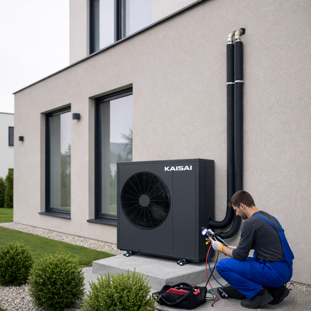 An exterior heat pump unit installed beside a modern house facade, photographed in realistic detail to illustrate service of heat pump systems. The rectangular outdoor unit in light gray with a large, visible fan grille sits on a concrete pad, connected to insulated refrigerant lines running neatly into the wall. The house wall is clad in smooth, light-colored plaster with a narrow gravel strip and a few low evergreen shrubs nearby. Soft overcast daylight creates diffused, shadow-free illumination, emphasizing the clean lines and technical character of the installation. Captured at a three-quarter angle with moderate depth of field, the composition is balanced and calm, conveying energy efficiency, modern heating technology, and professional installation and maintenance.